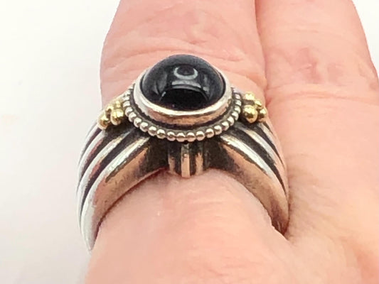 Vintage Boho Sterling Silver and Gold Black Onyx Ring - SDG Ring - Size 8