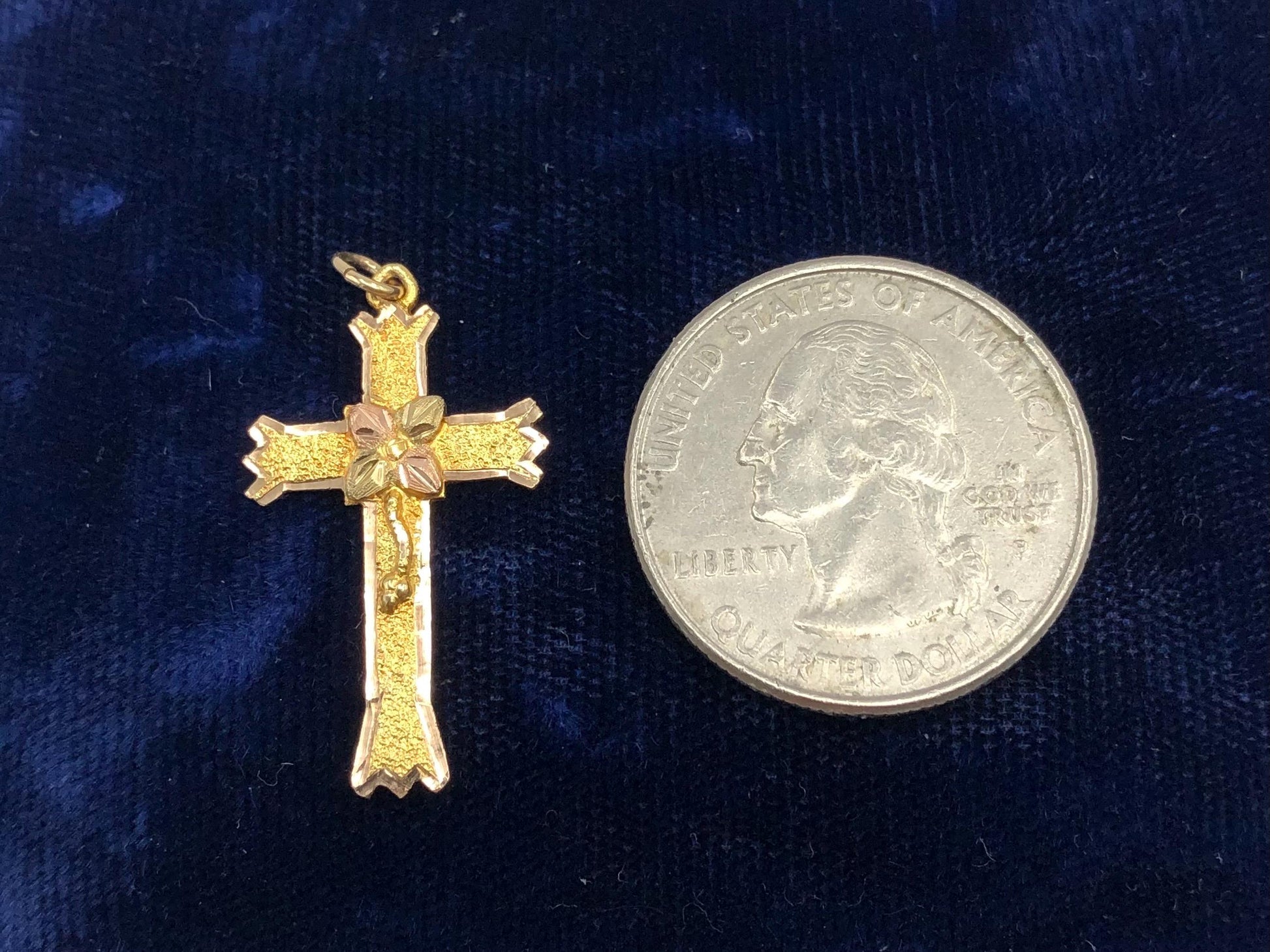 Vintage Black Hills Gold 10k Yellow and Rose Gold Floral Cross - Religious Jewelry