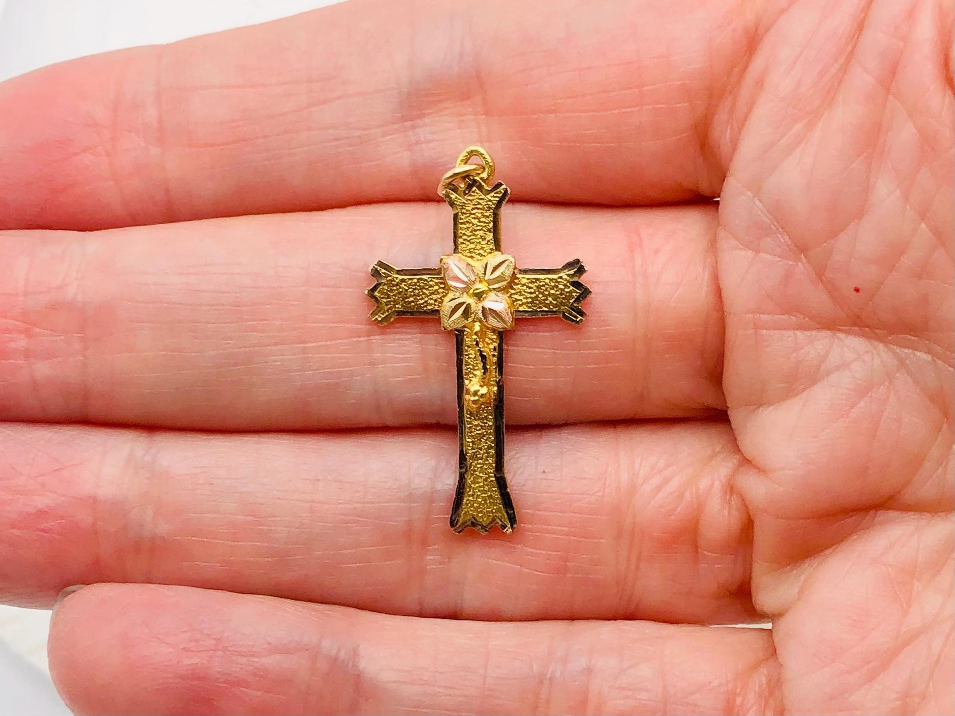 Vintage Black Hills Gold 10k Yellow and Rose Gold Floral Cross - Religious Jewelry