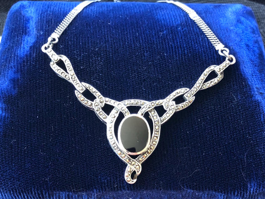 Vintage Art Deco Style Marcasite Necklace: Sterling Silver Black Stone, 16.5"