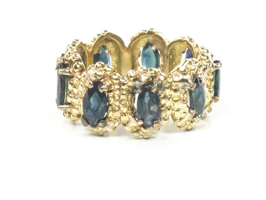 Vintage Wide 18k Yellow Gold Blue Marquise Natural Sapphire Eternity Ring Size 8.25