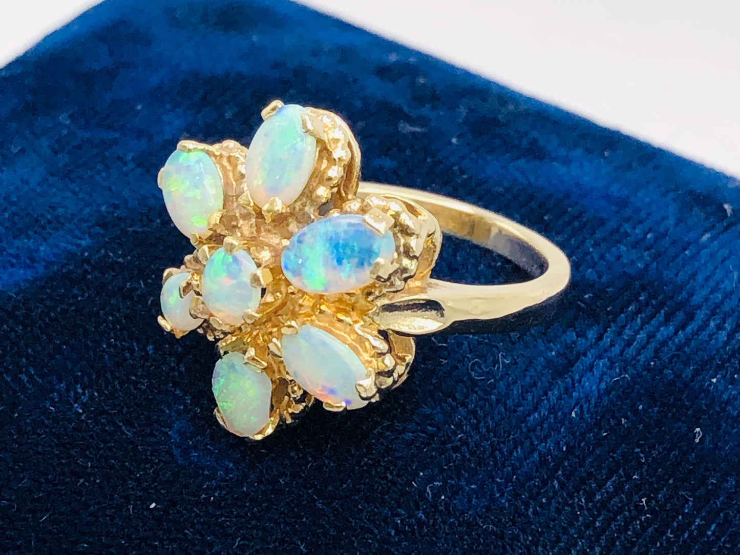 Vintage 14k Yellow Gold Floral Natural Opal Cluster Ring, October Birthstone Ring, Size 5.75