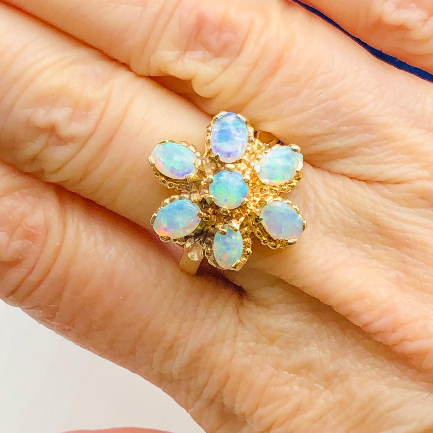 Vintage 14k Yellow Gold Floral Natural Opal Cluster Ring, October Birthstone Ring, Size 5.75