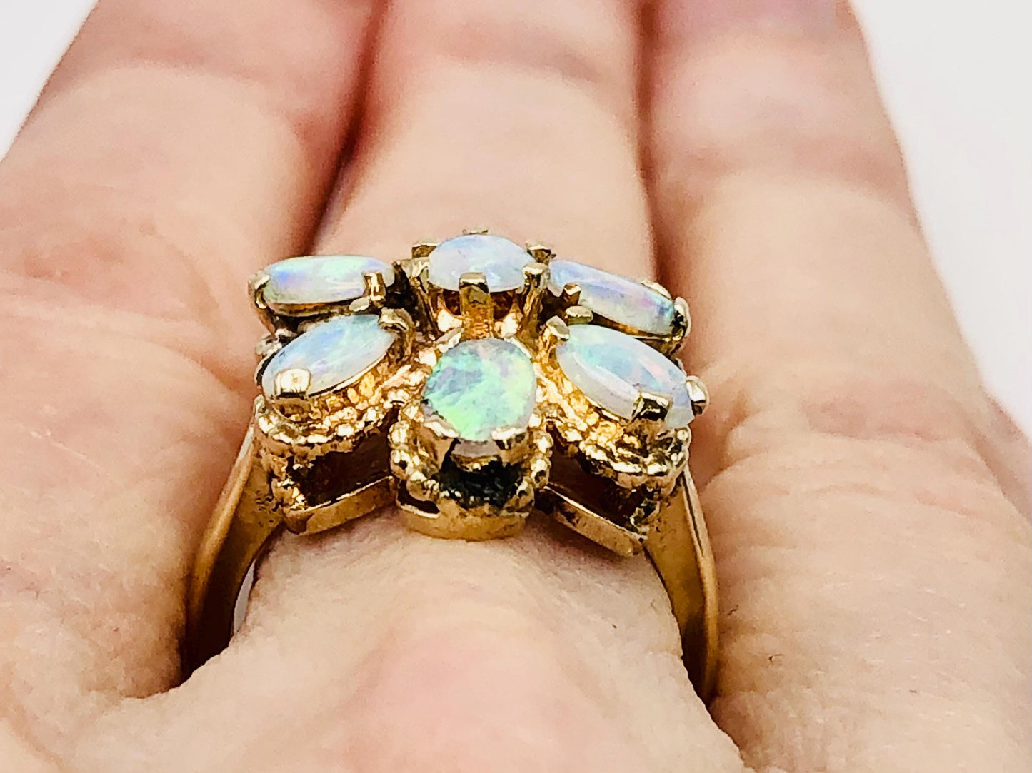 Vintage 14k Yellow Gold Floral Natural Opal Cluster Ring, October Birthstone Ring, Size 5.75