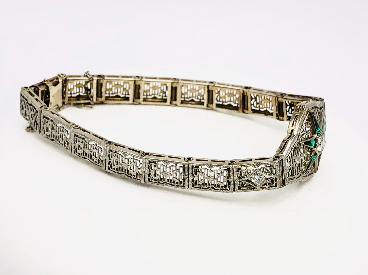 Vintage Art Deco 14k White Gold and Platinum Diamond and Green Glass Star Bracelet