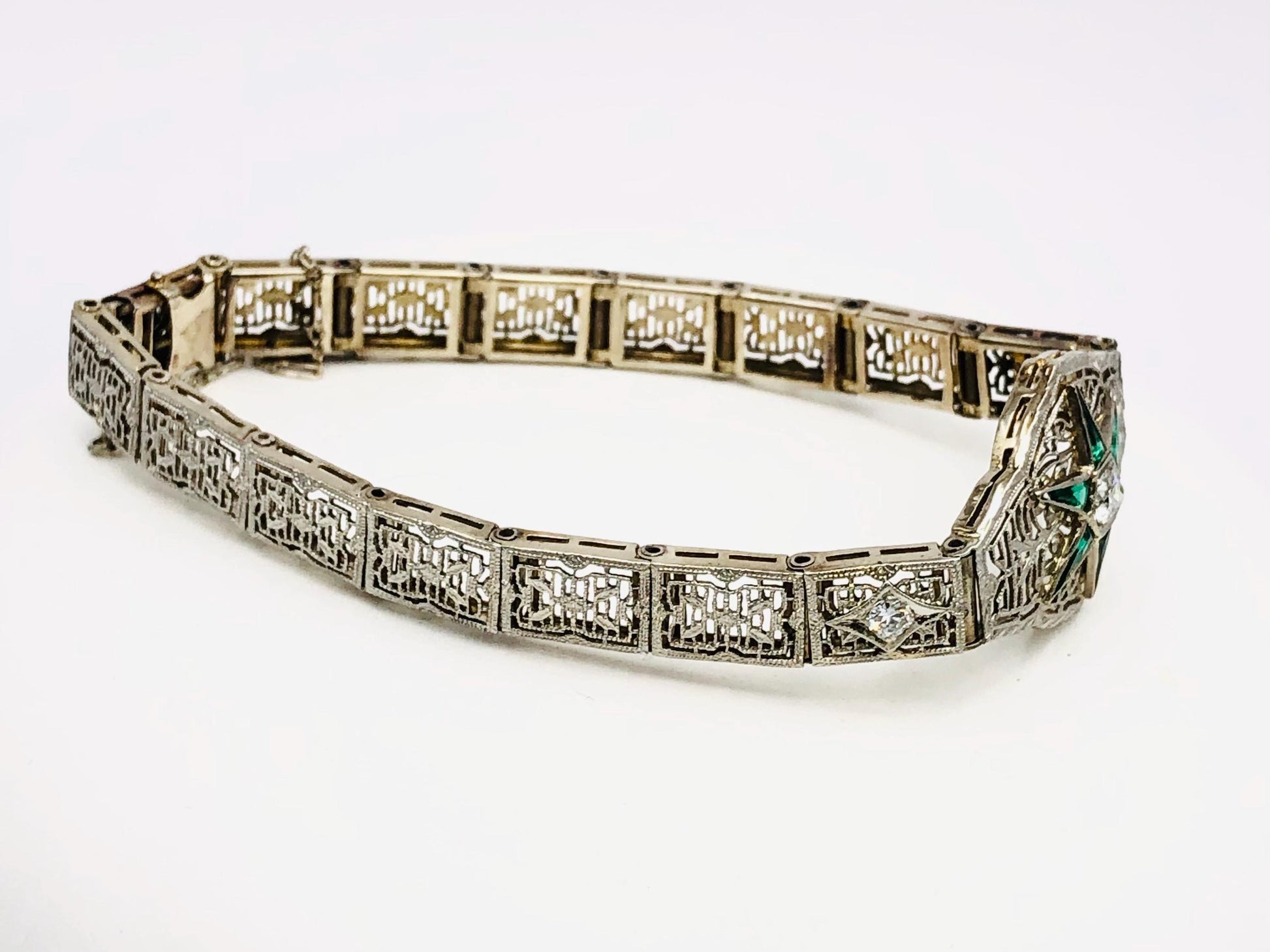 Vintage Art Deco 14k White Gold and Platinum Diamond and Green Glass Star Bracelet