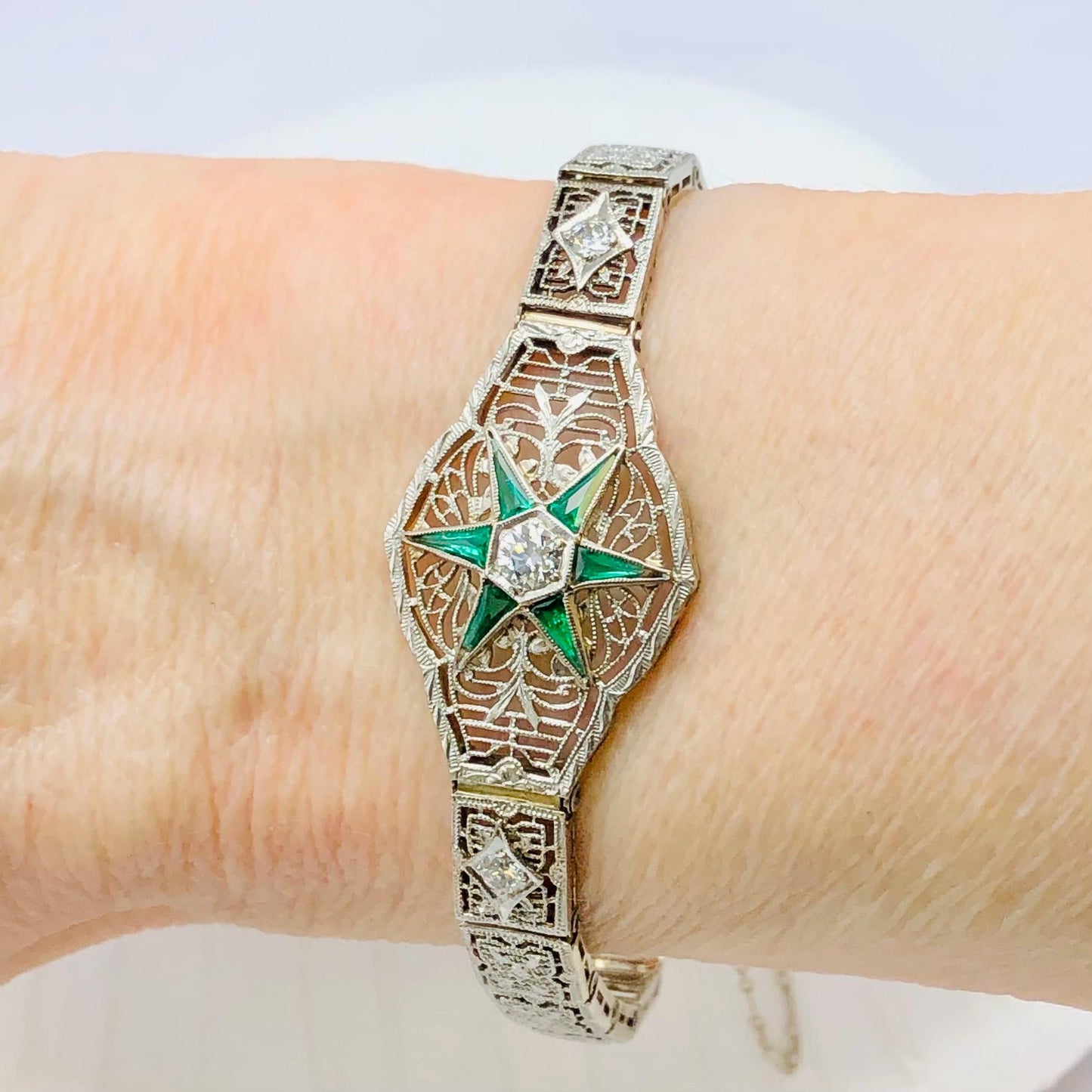 Vintage Art Deco 14k White Gold and Platinum Diamond and Green Glass Star Bracelet