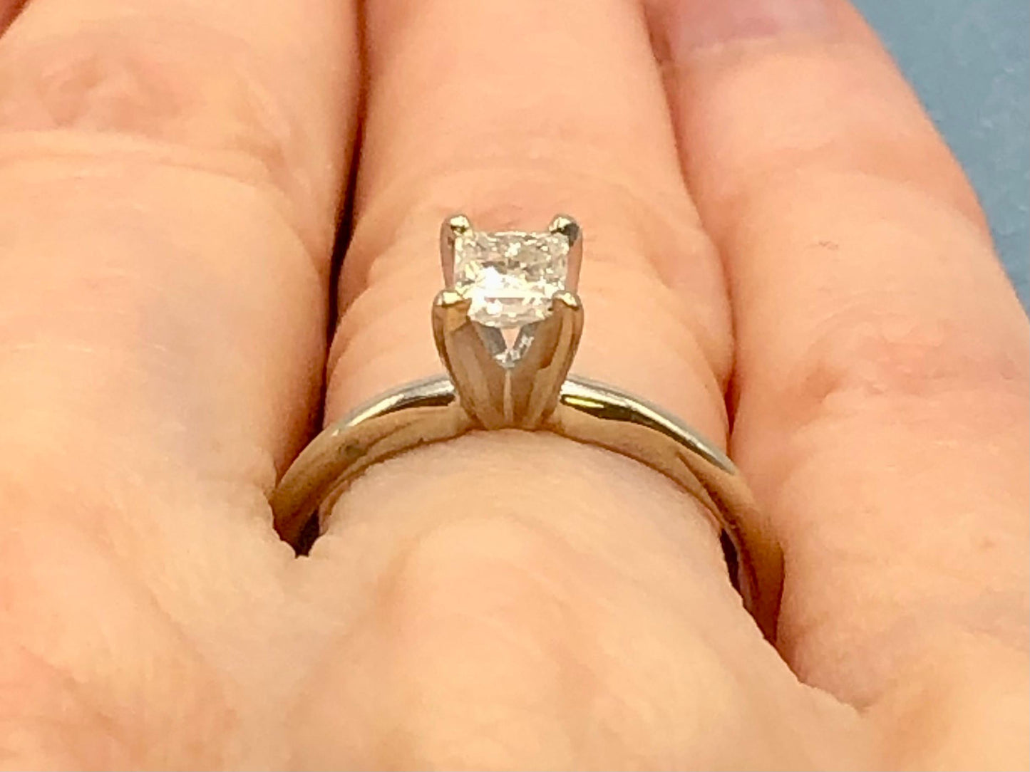 Vintage 14k White Gold Princess Cut Diamond Solitaire Engagement Ring: .45 CT, Size 7