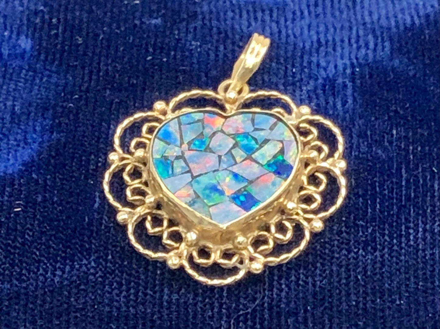 Vintage 14k Gold Mosaic Opal Heart Pendant, October Birthstone, Genuine Opal Doublet Pendant