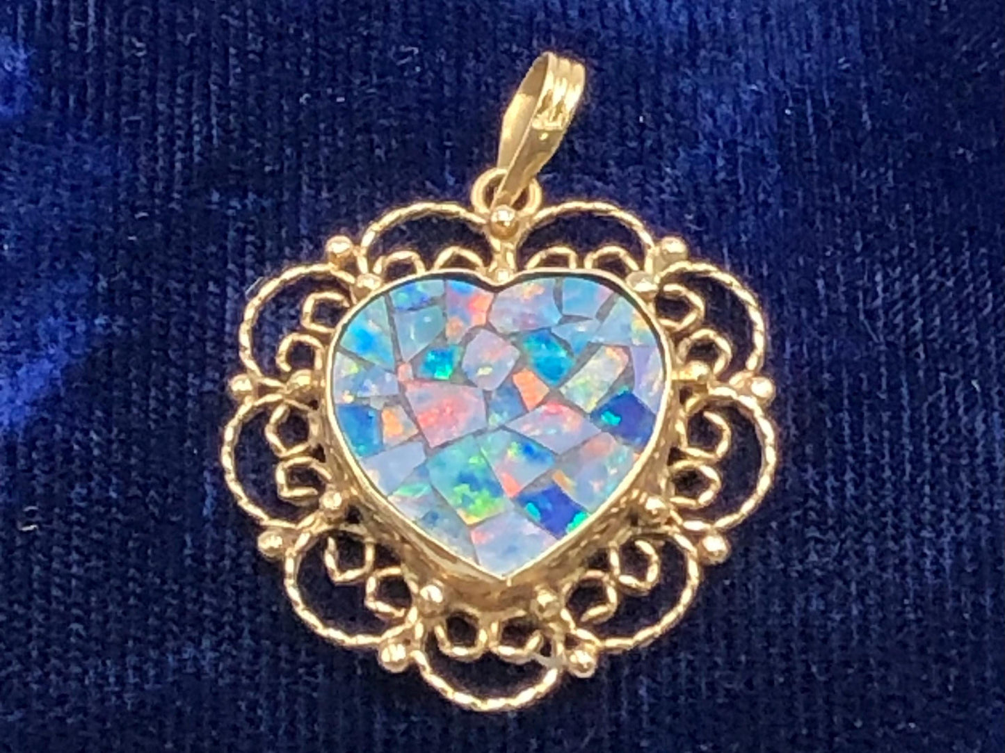 Vintage 14k Gold Mosaic Opal Heart Pendant, October Birthstone, Genuine Opal Doublet Pendant