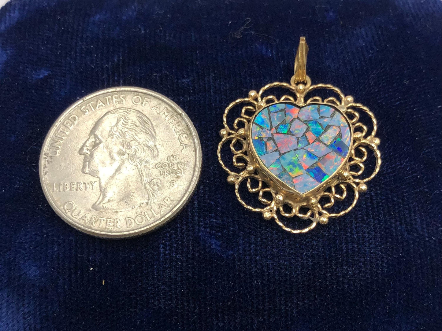 Vintage 14k Gold Mosaic Opal Heart Pendant, October Birthstone, Genuine Opal Doublet Pendant