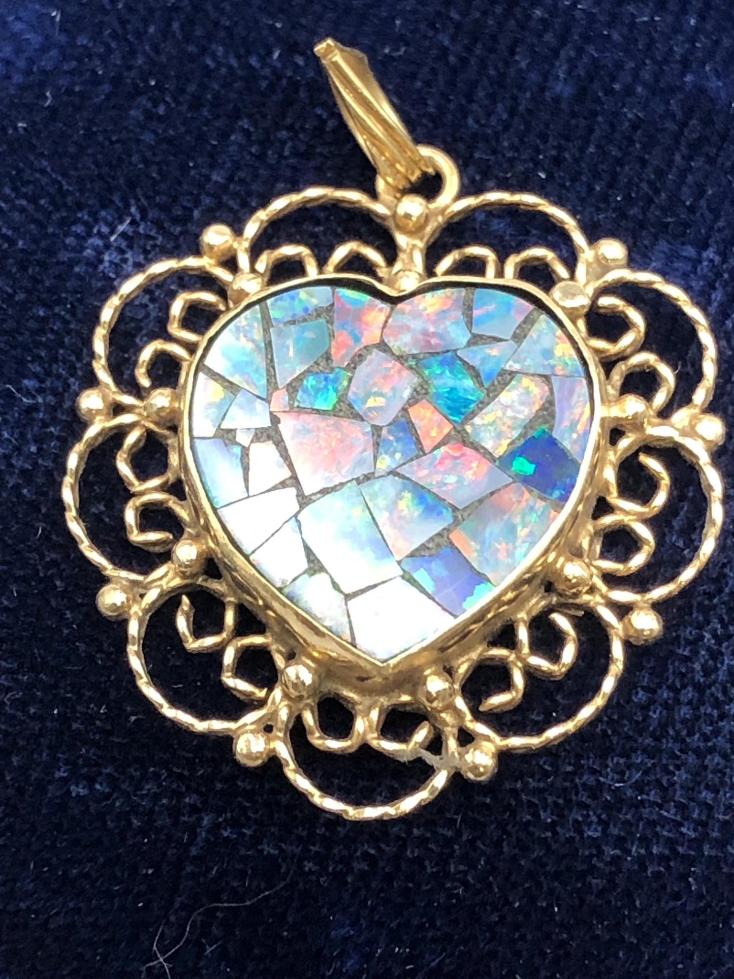 Vintage 14k Gold Mosaic Opal Heart Pendant, October Birthstone, Genuine Opal Doublet Pendant