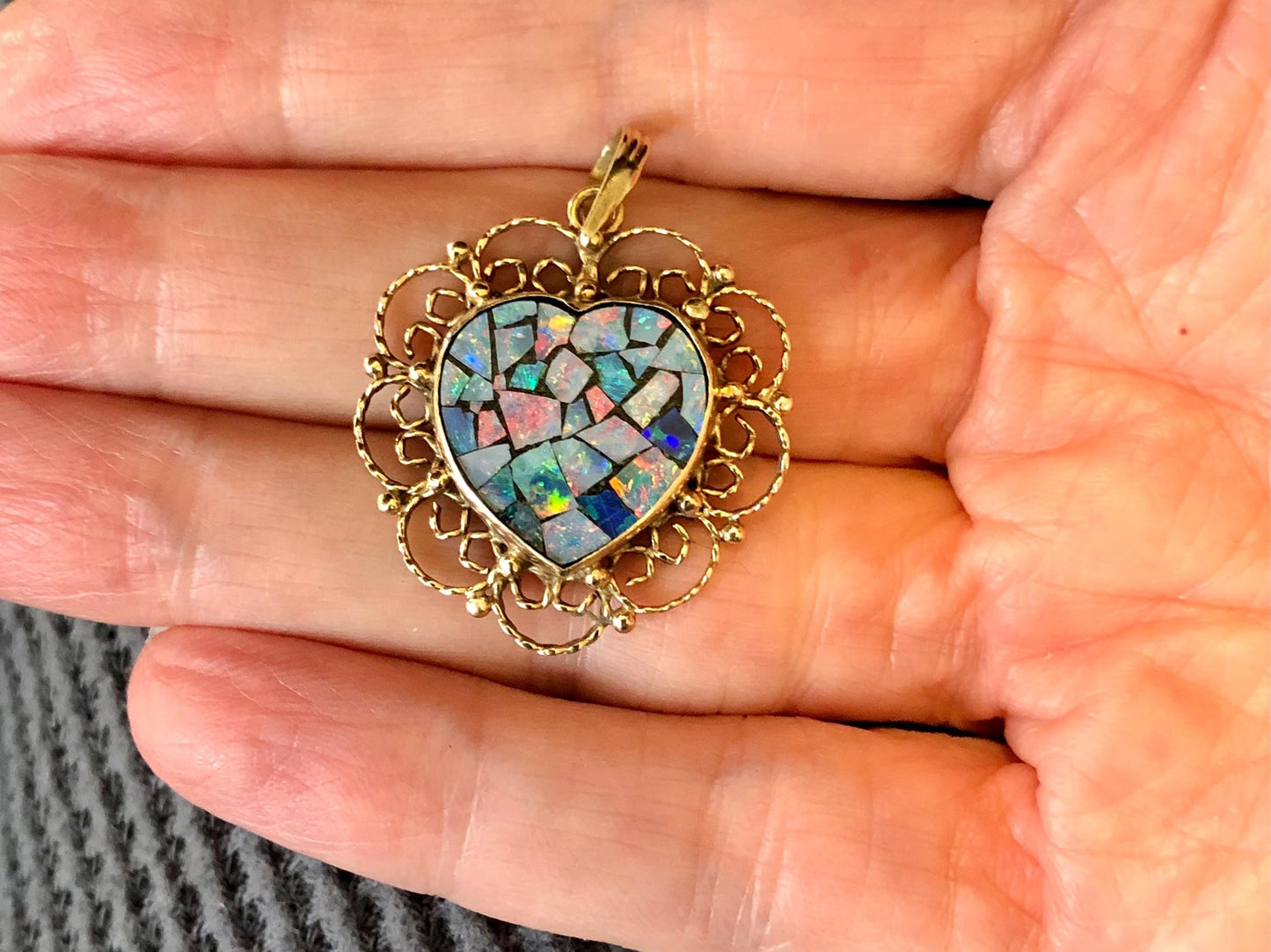 Vintage 14k Gold Mosaic Opal Heart Pendant, October Birthstone, Genuine Opal Doublet Pendant