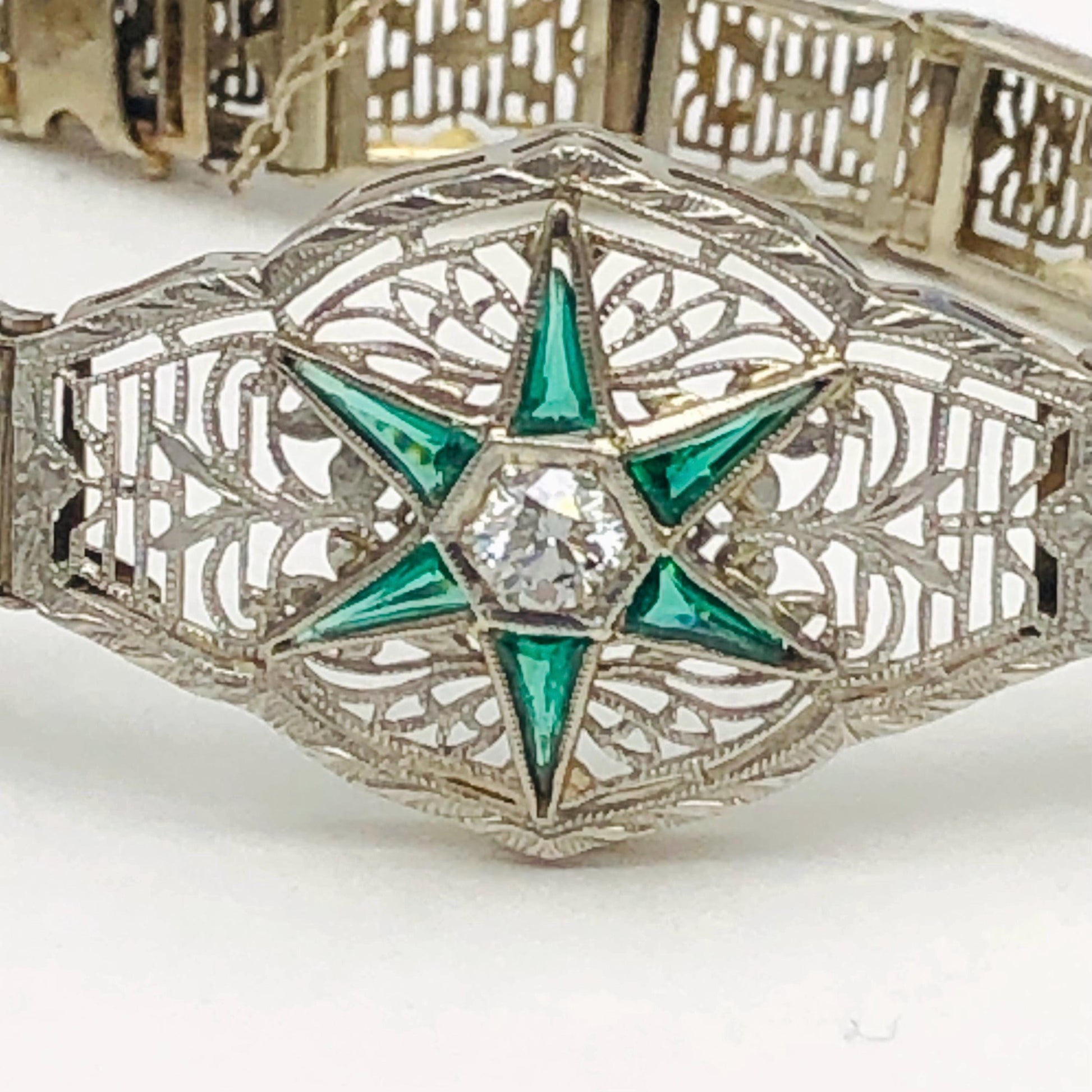 Vintage Art Deco 14k White Gold and Platinum Diamond and Green Glass Star Bracelet