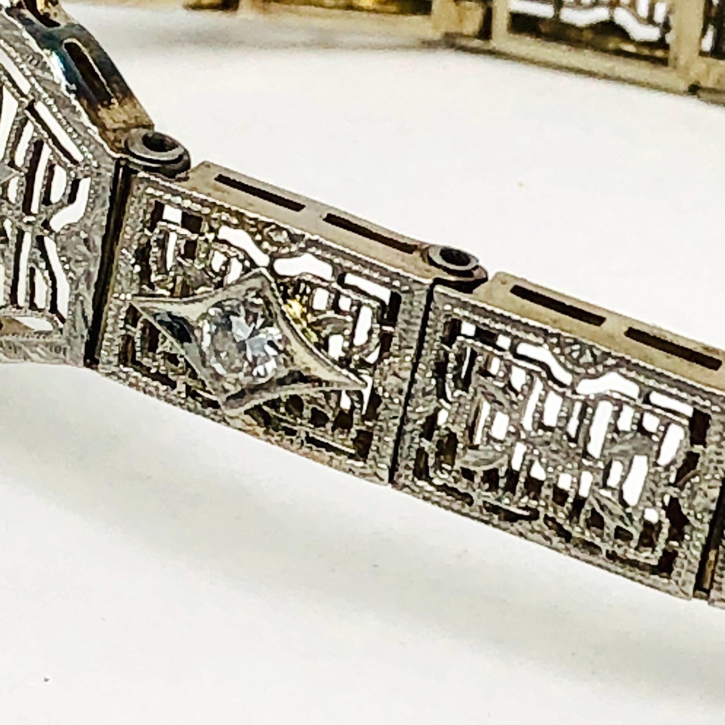 Vintage Art Deco 14k White Gold and Platinum Diamond and Green Glass Star Bracelet