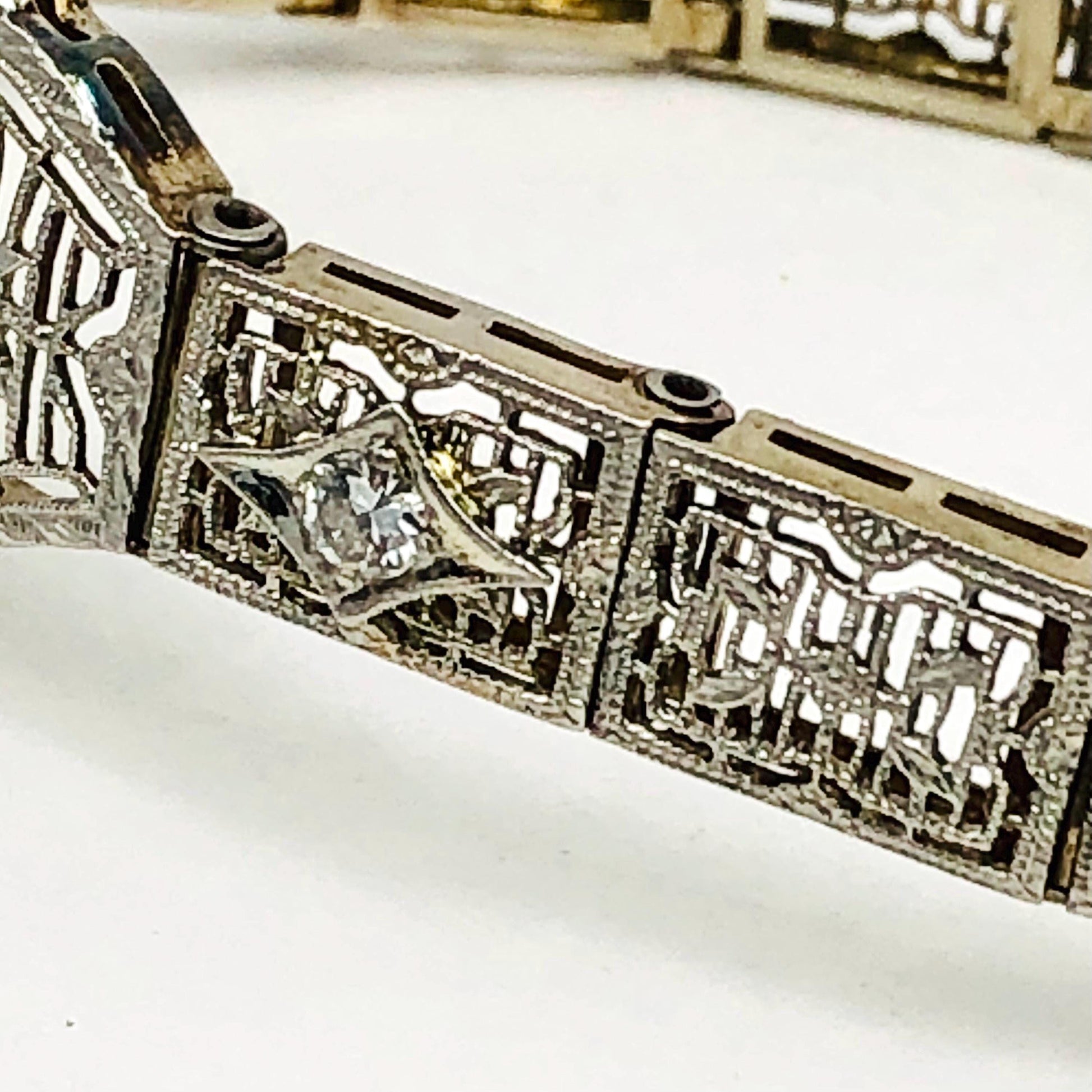 Vintage Art Deco 14k White Gold and Platinum Diamond and Green Glass Star Bracelet
