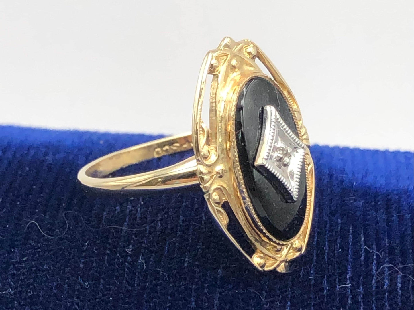 Vintage 10k Two Tone Gold Black Onyx Diamond Ring, Retro Style Ring, Size 6.75