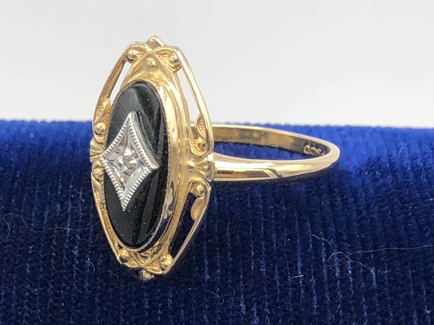 Vintage 10k Two Tone Gold Black Onyx Diamond Ring, Retro Style Ring, Size 6.75