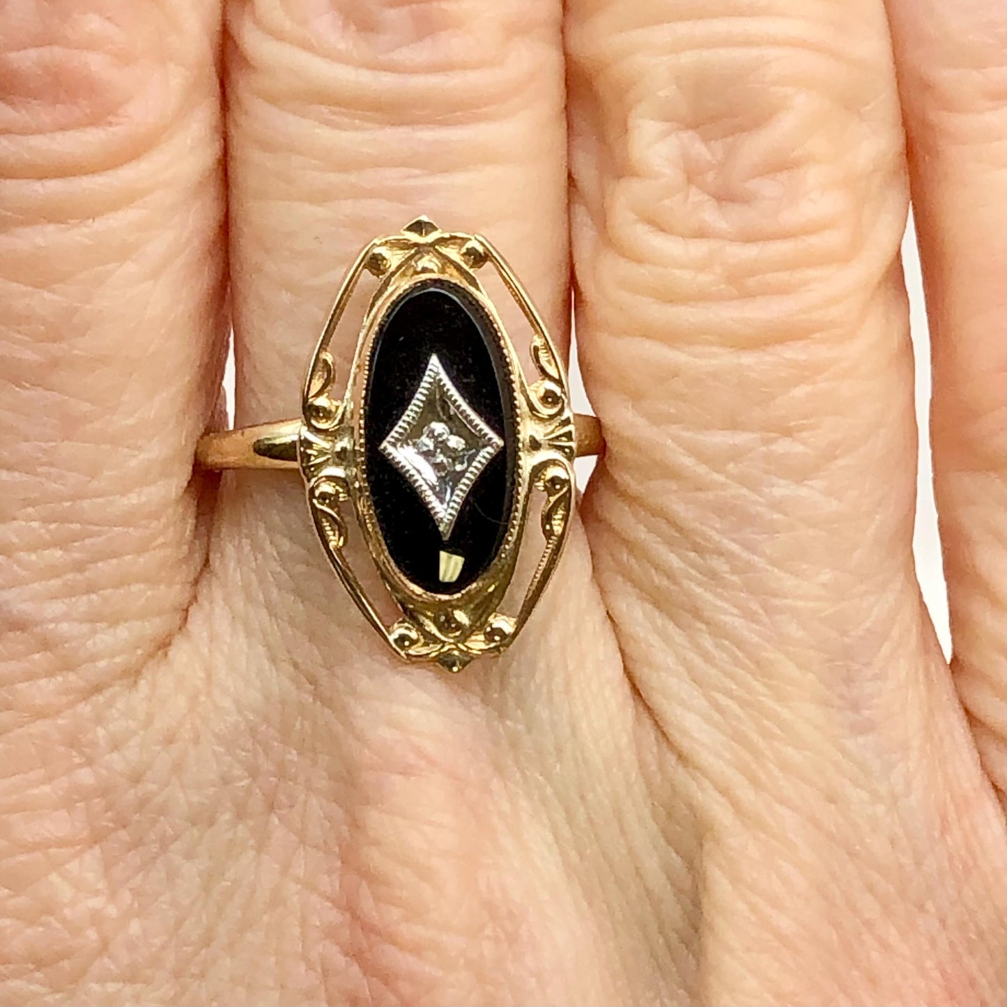Vintage 10k Two Tone Gold Black Onyx Diamond Ring, Retro Style Ring, Size 6.75