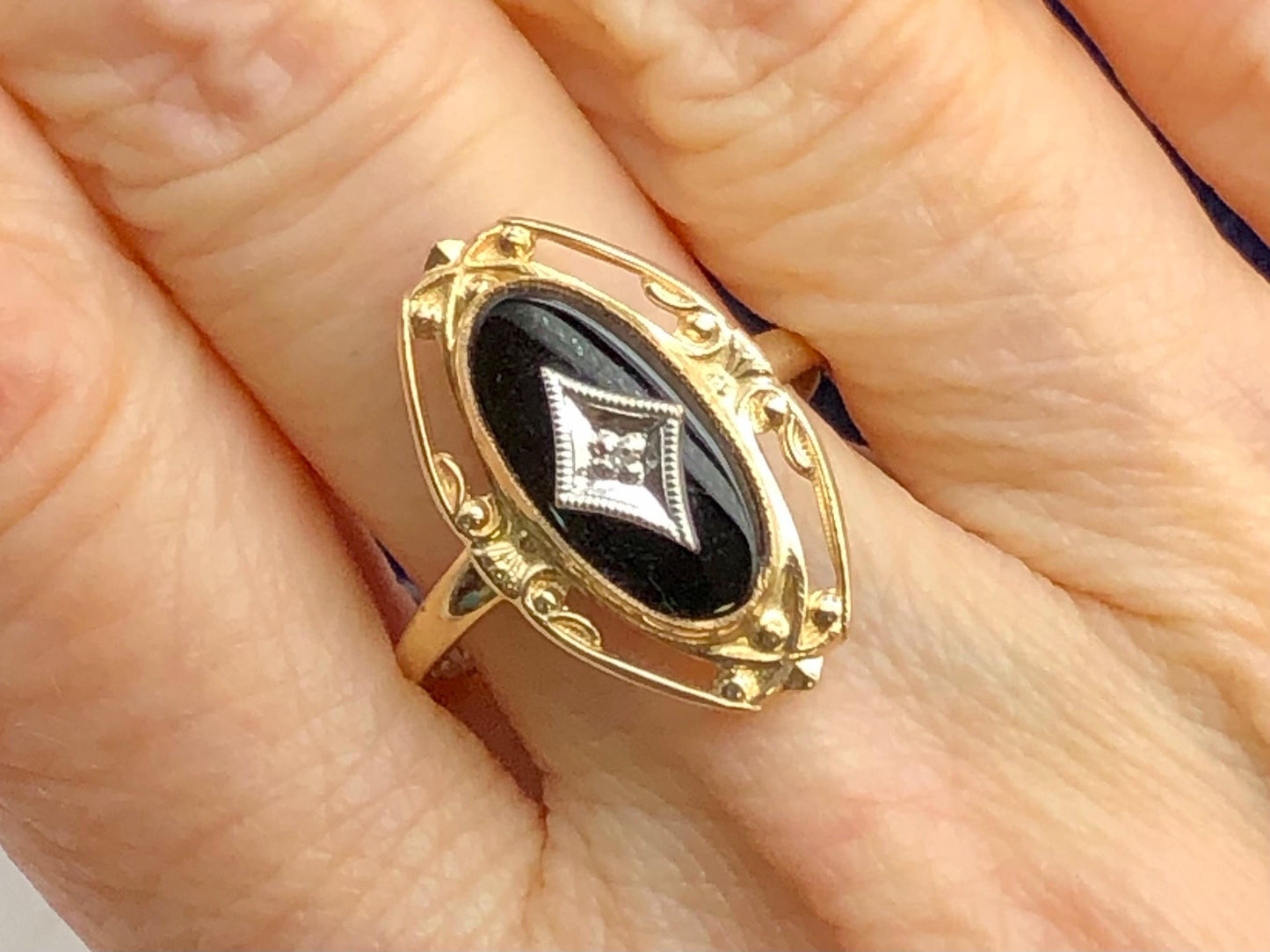 Vintage 10k Two Tone Gold Black Onyx Diamond Ring, Retro Style Ring, Size 6.75