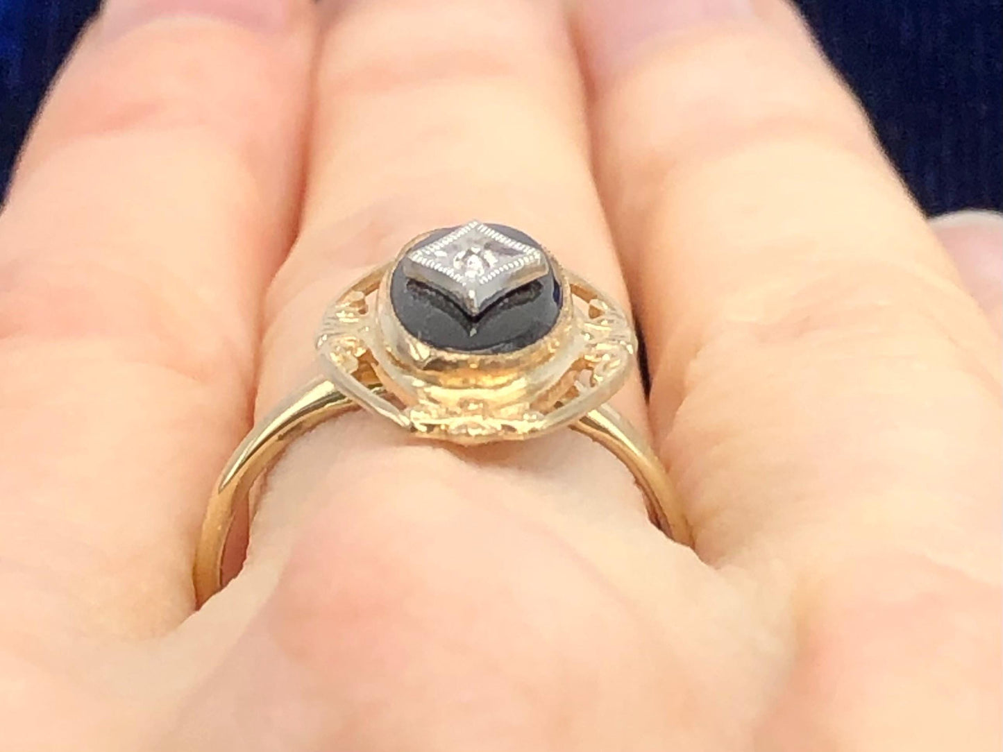 Vintage 10k Two Tone Gold Black Onyx Diamond Ring, Retro Style Ring, Size 6.75