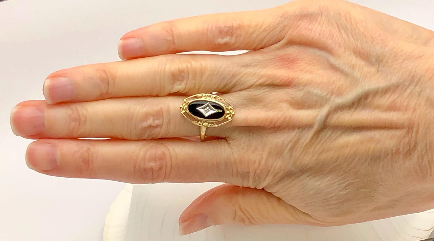 Vintage 10k Two Tone Gold Black Onyx Diamond Ring, Retro Style Ring, Size 6.75