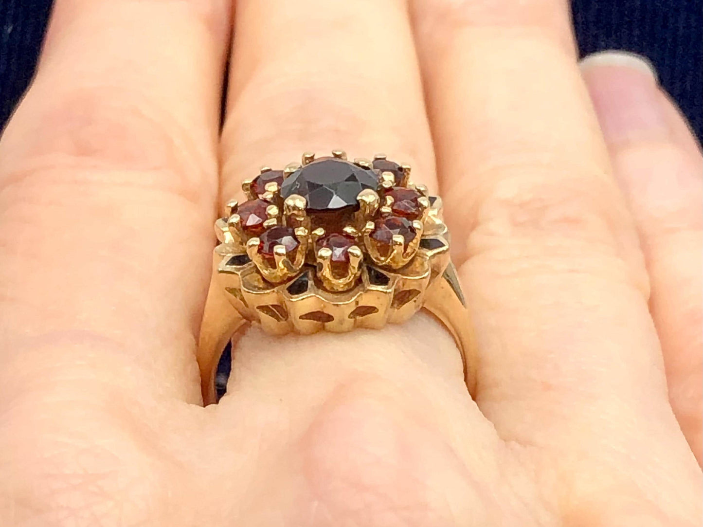 Vintage 14k Yellow Gold Garnet Cluster Ring: Black Enamel Floral Design, Size 7