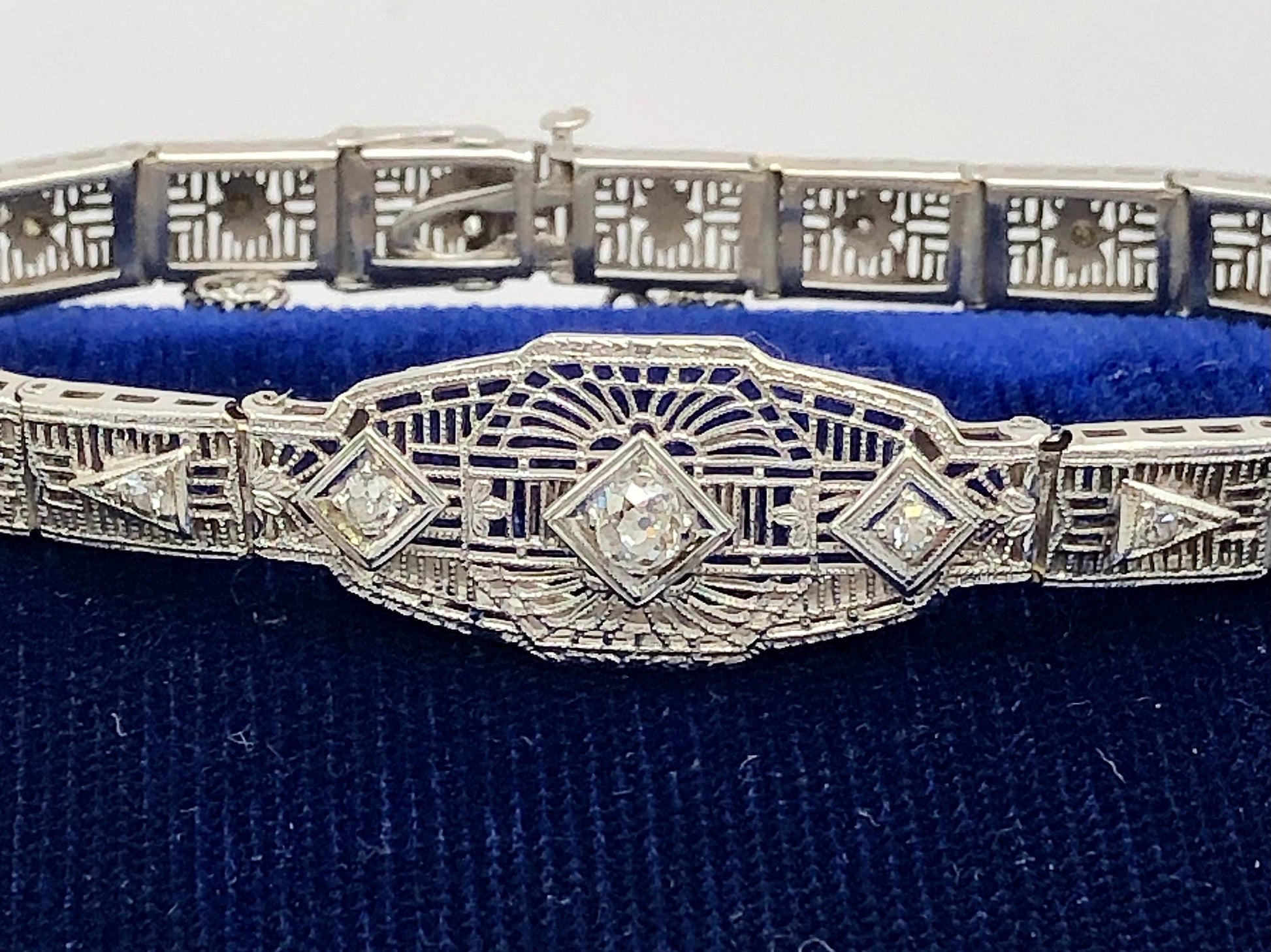 Vintage Art Deco Diamond Bracelet: 14k White Gold Filigree, 1920s, 6 3/16"