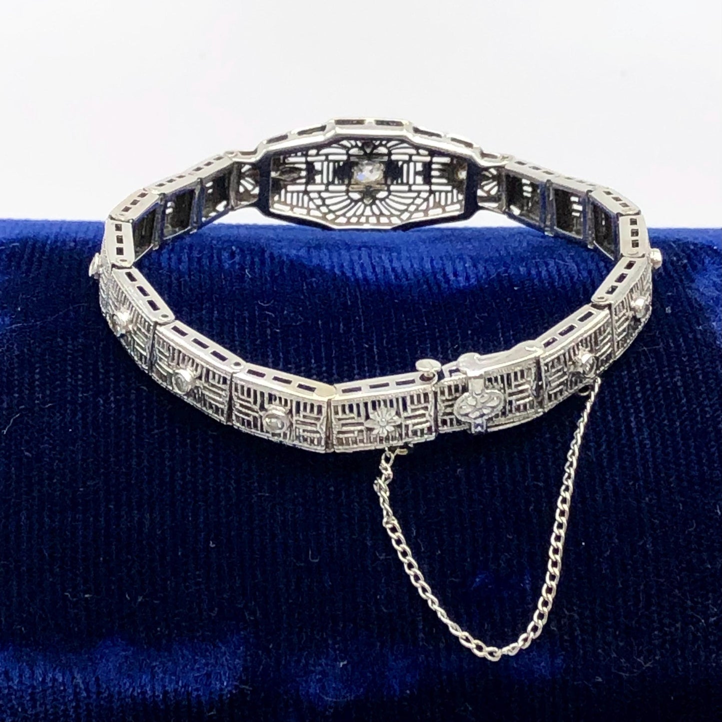 Vintage Art Deco Diamond Bracelet: 14k White Gold Filigree, 1920s, 6 3/16"