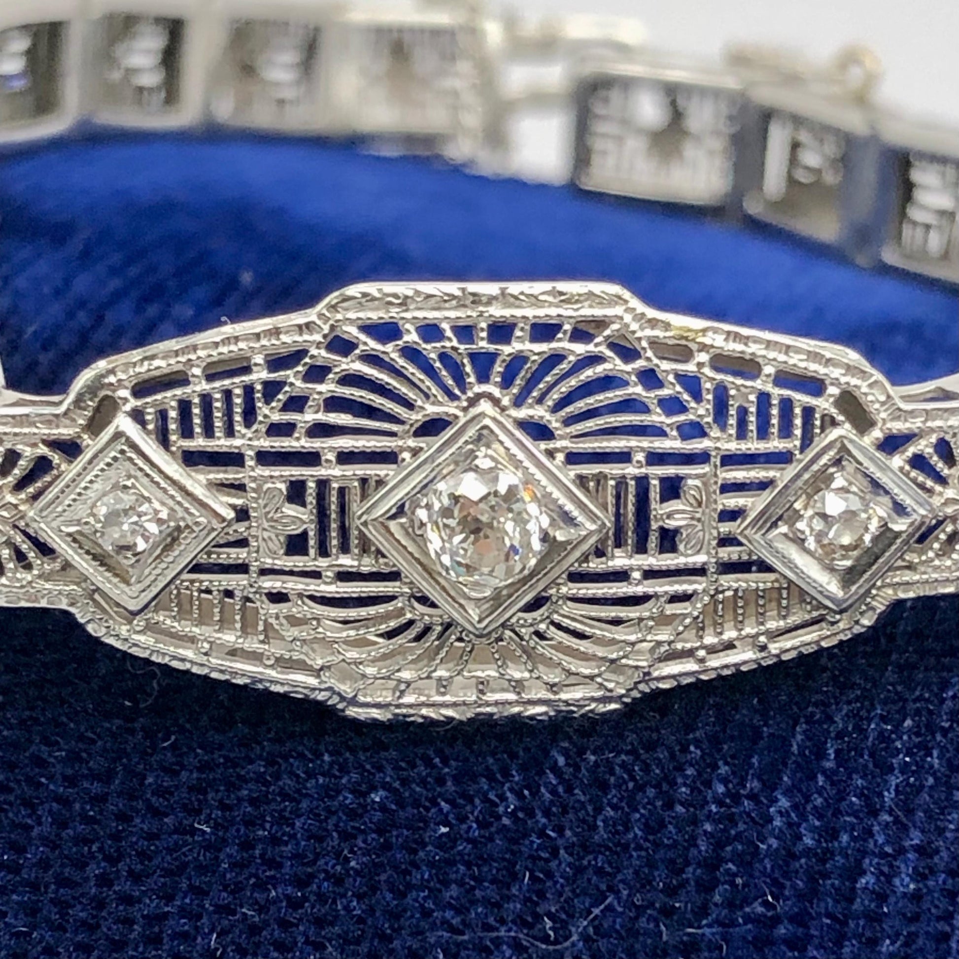 Vintage Art Deco Diamond Bracelet: 14k White Gold Filigree, 1920s, 6 3/16"
