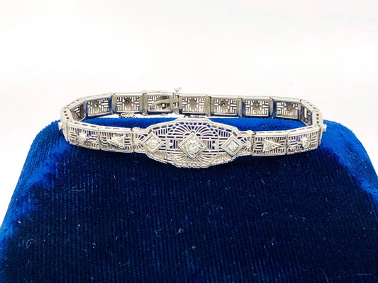 Vintage Art Deco Diamond Bracelet: 14k White Gold Filigree, 1920s, 6 3/16"