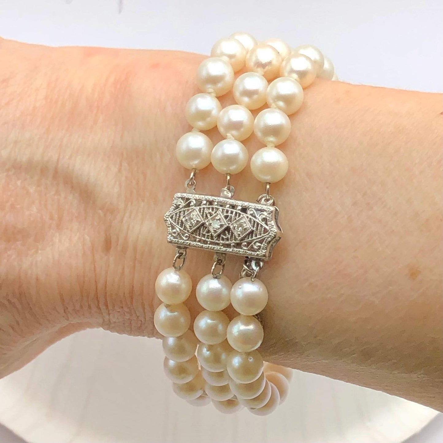 Vintage 14k White Gold Filigree and Diamond Triple Strand Pearl Bracelet, Saltwater Cultured Pearl Bridal Jewelry, 6.5"