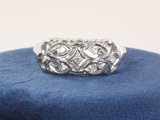 Vintage 14k White Gold Natural Diamond Ring Wide Pierced Wedding Band Size 11