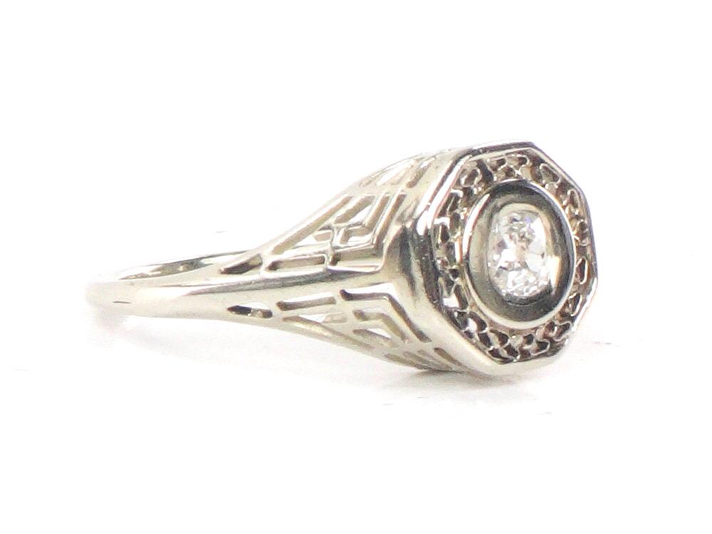 Vintage 14k White Gold Old Mine Cut Diamond Ring Art Deco Filigree Natural Diamond Engagement Ring Circa 1925