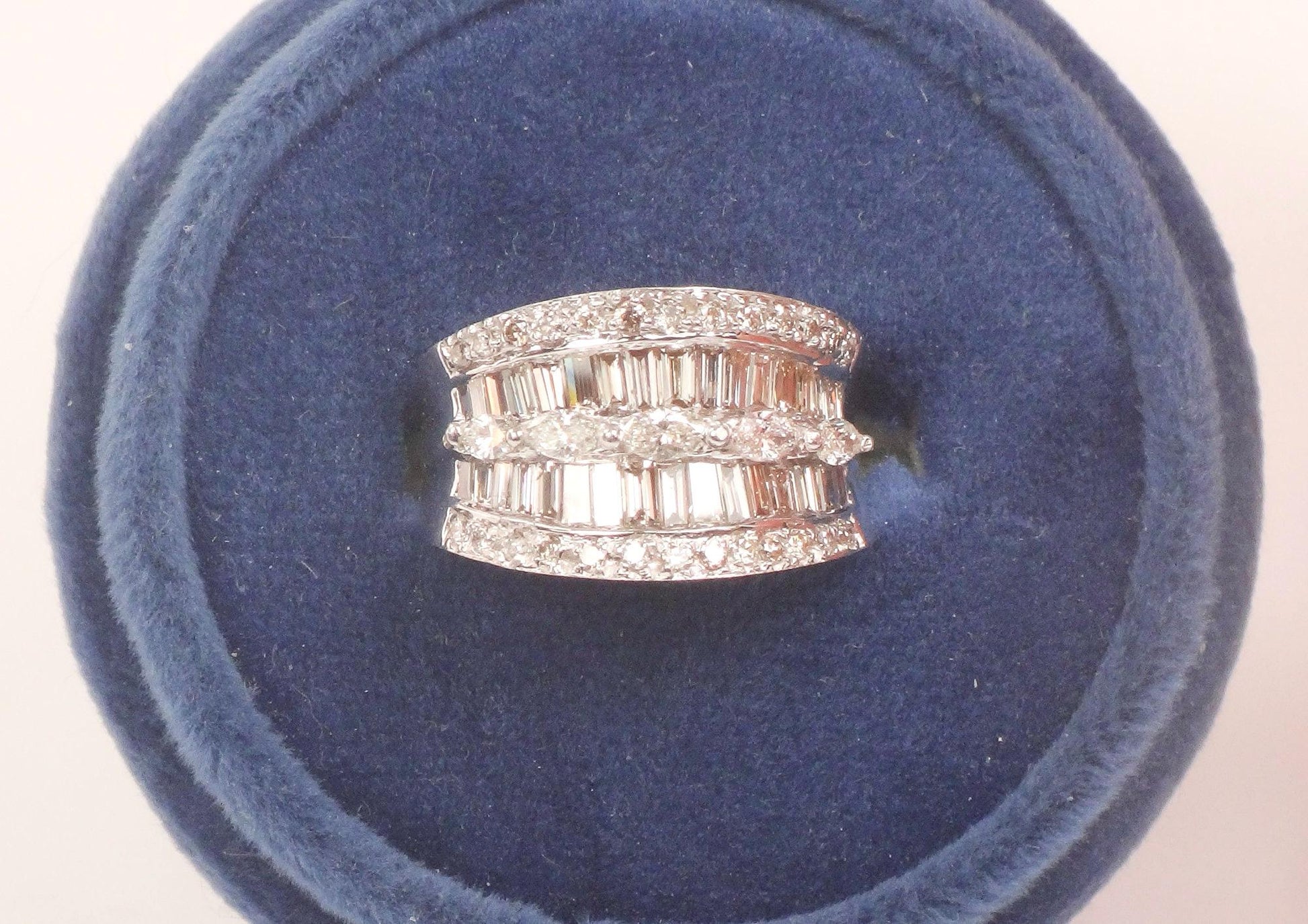 Vintage 14k White Gold Wide Natural Diamond Band with Marquise Baguette and Round Cuts Anniversary Ring 2 Carat TDW Size 6.75