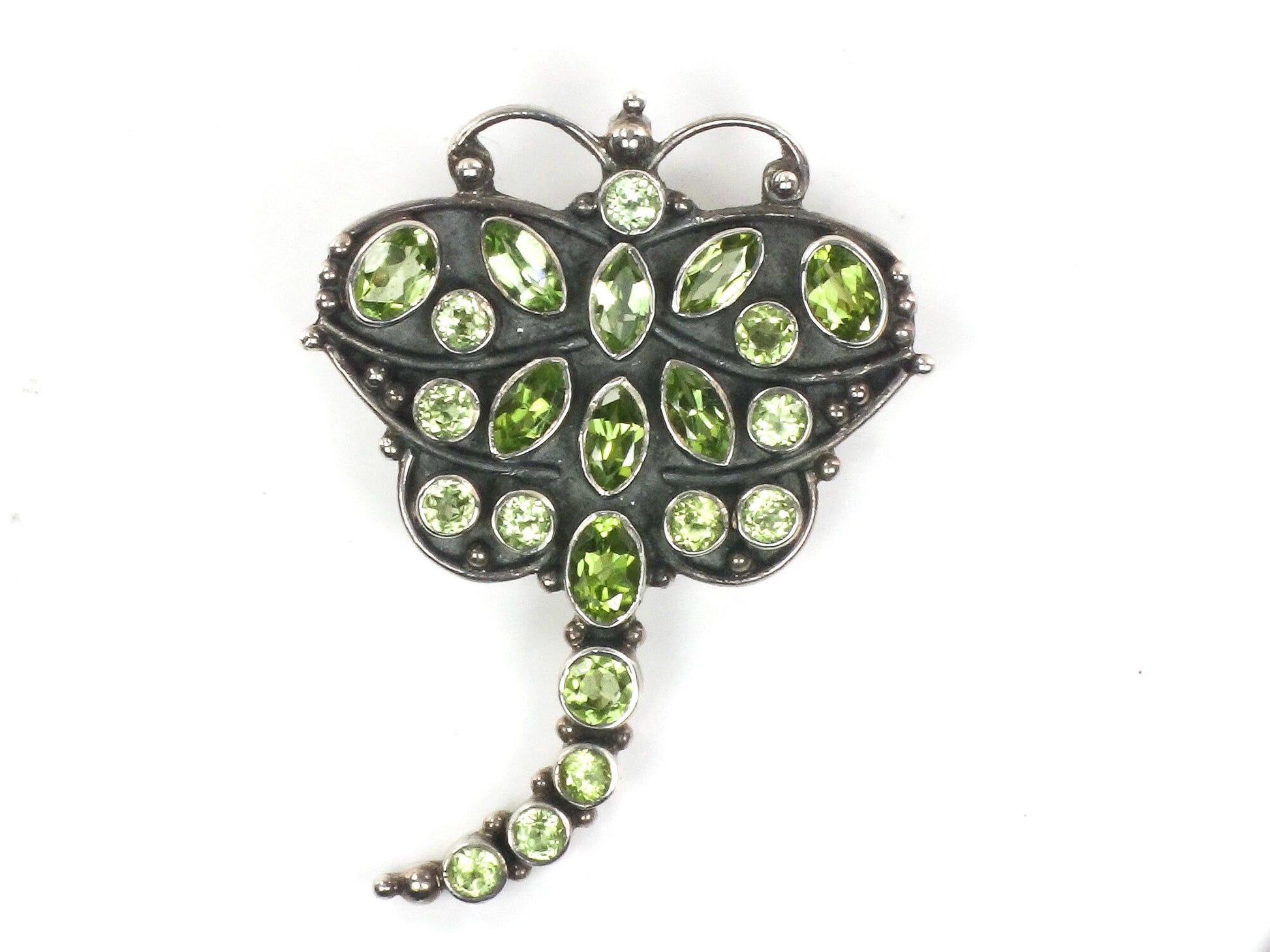 Vintage Large Sterling Silver Peridot Dragonfly Pendant / Pin 925 Green Stone Pendant