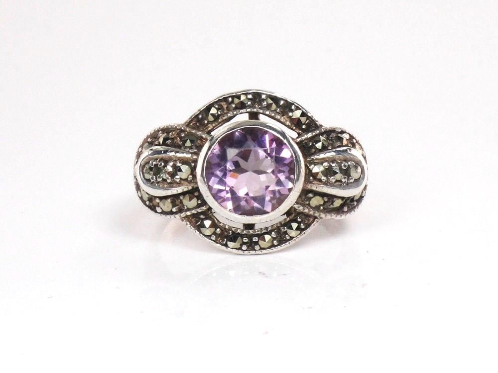 Vintage Sterling Silver Amethyst and Marcasite Ring Purple February Birthstone Ring - Size 6