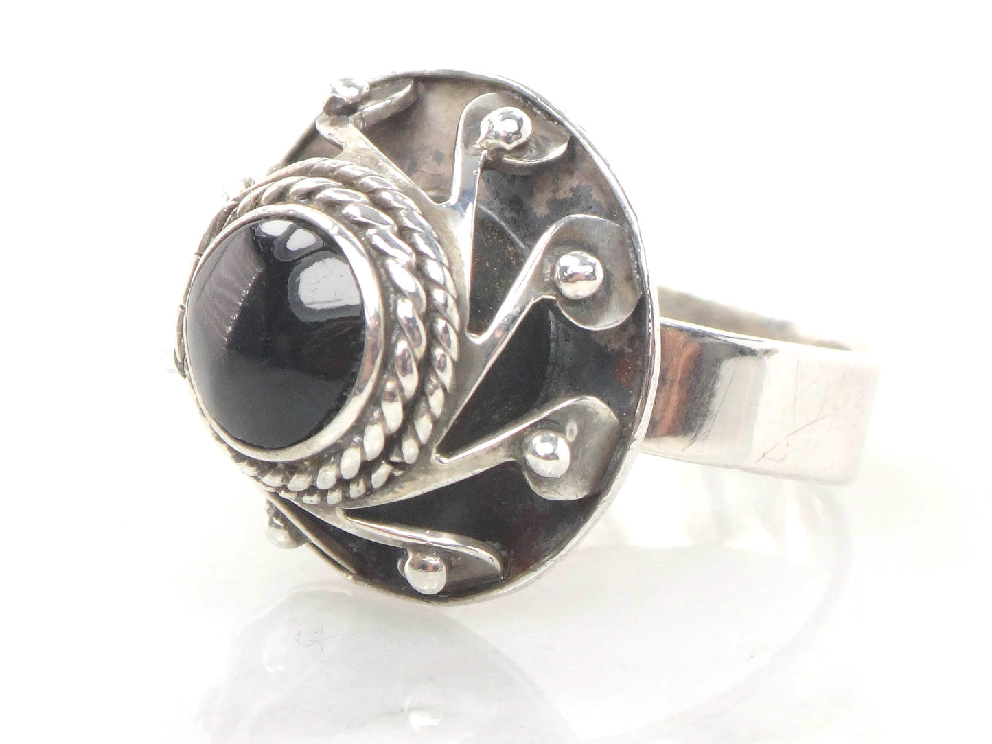 Vintage Sterling Silver Onyx Ring - Mexico Eagle Mark Black Stone Poison Ring - Adjustable Size