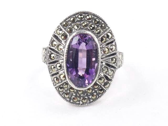 Sterling Silver Amethyst Ring with Marcasite - Vintage Purple February Birthstone Ring - Size 7