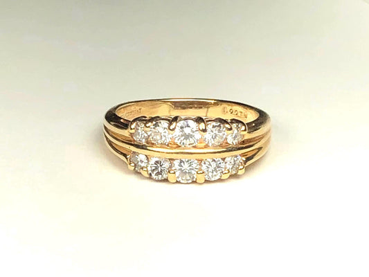 Vintage 14k Yellow Gold Two Row Natural Diamond Ring, Art Carved Diamond Wedding Band, 1 Carat Diamond Band Size 7.75