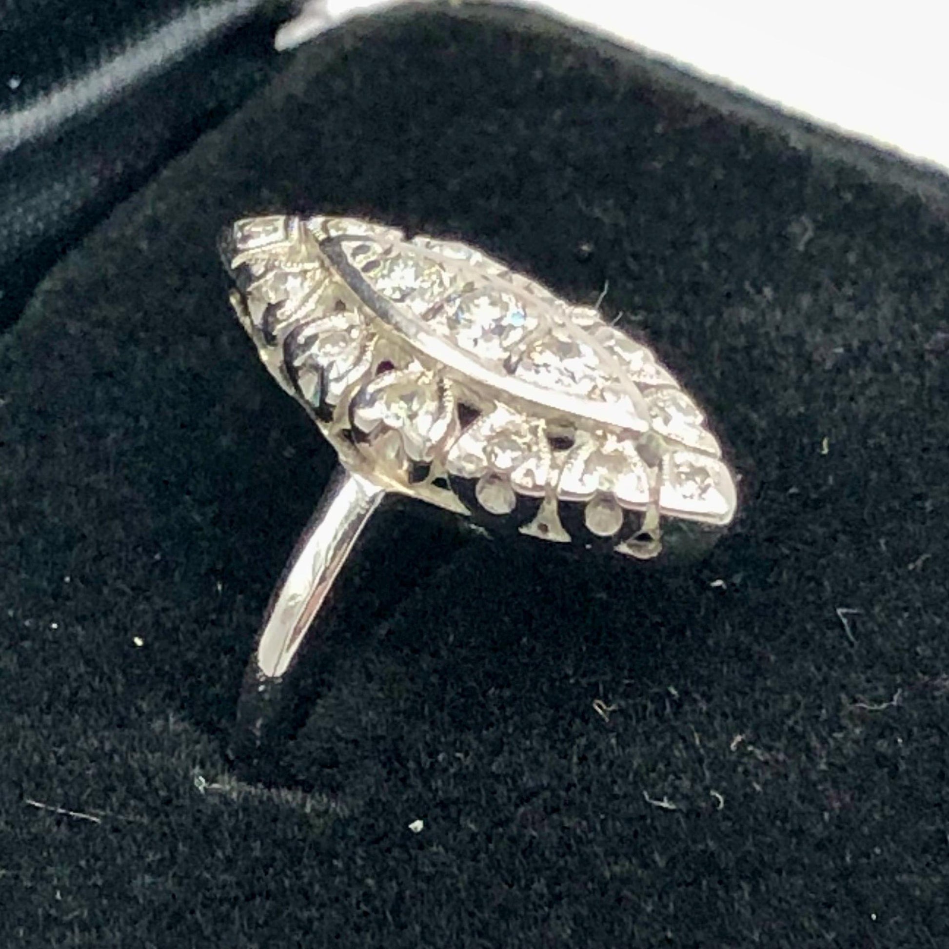 Vintage 14k White Gold Diamond Navette Ring - 1960s Cluster Style, Size 5.5