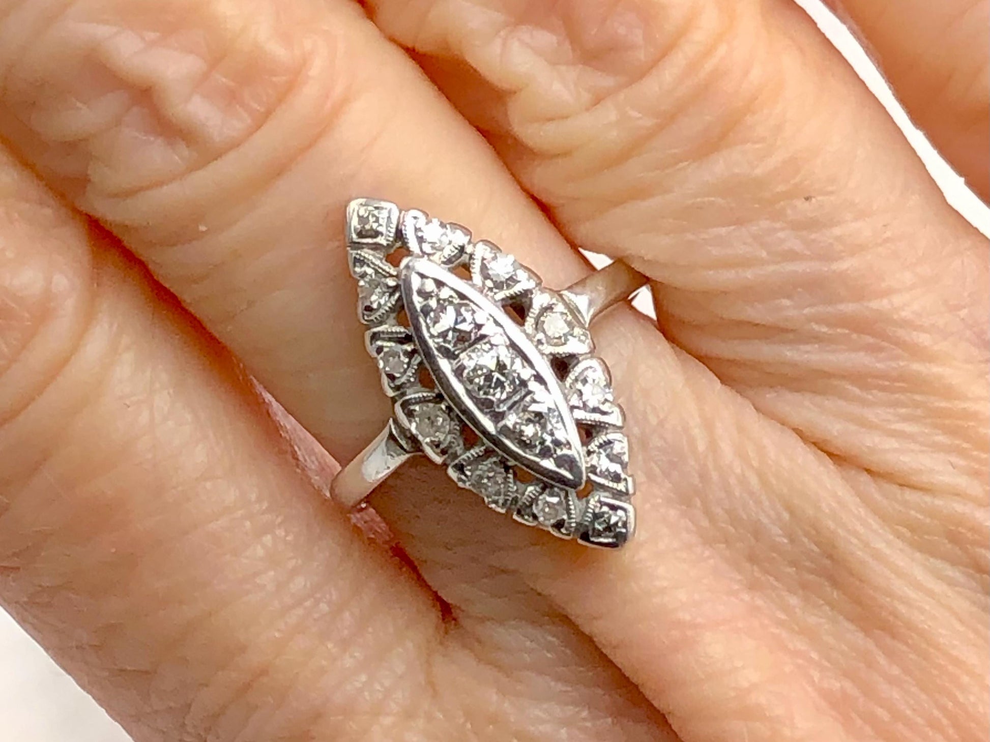 Vintage 14k White Gold Diamond Navette Ring - 1960s Cluster Style, Size 5.5
