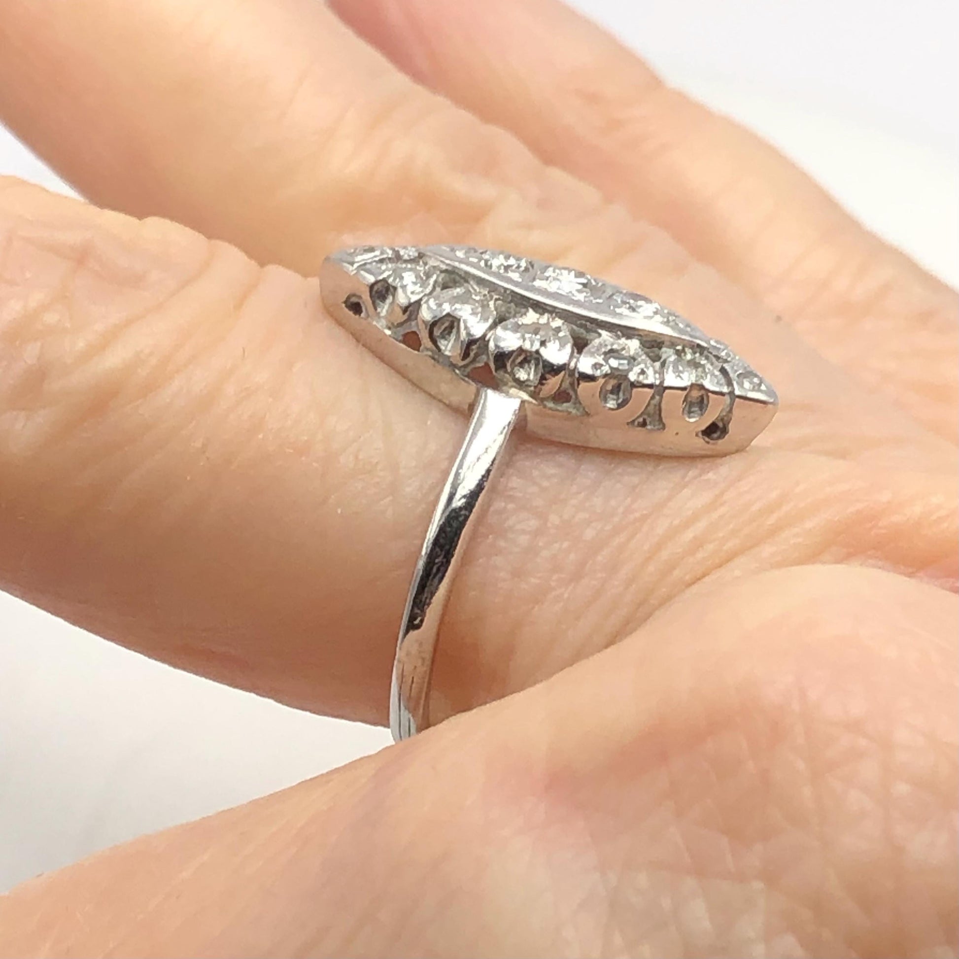 Vintage 14k White Gold Diamond Navette Ring - 1960s Cluster Style, Size 5.5