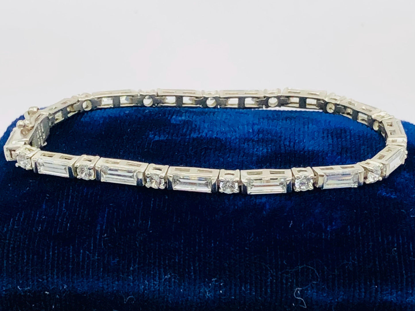 Sterling Silver Cubic Zirconia Tennis Bracelet with Round and Baguette Cuts 7" - Fine Vintage Jewelry