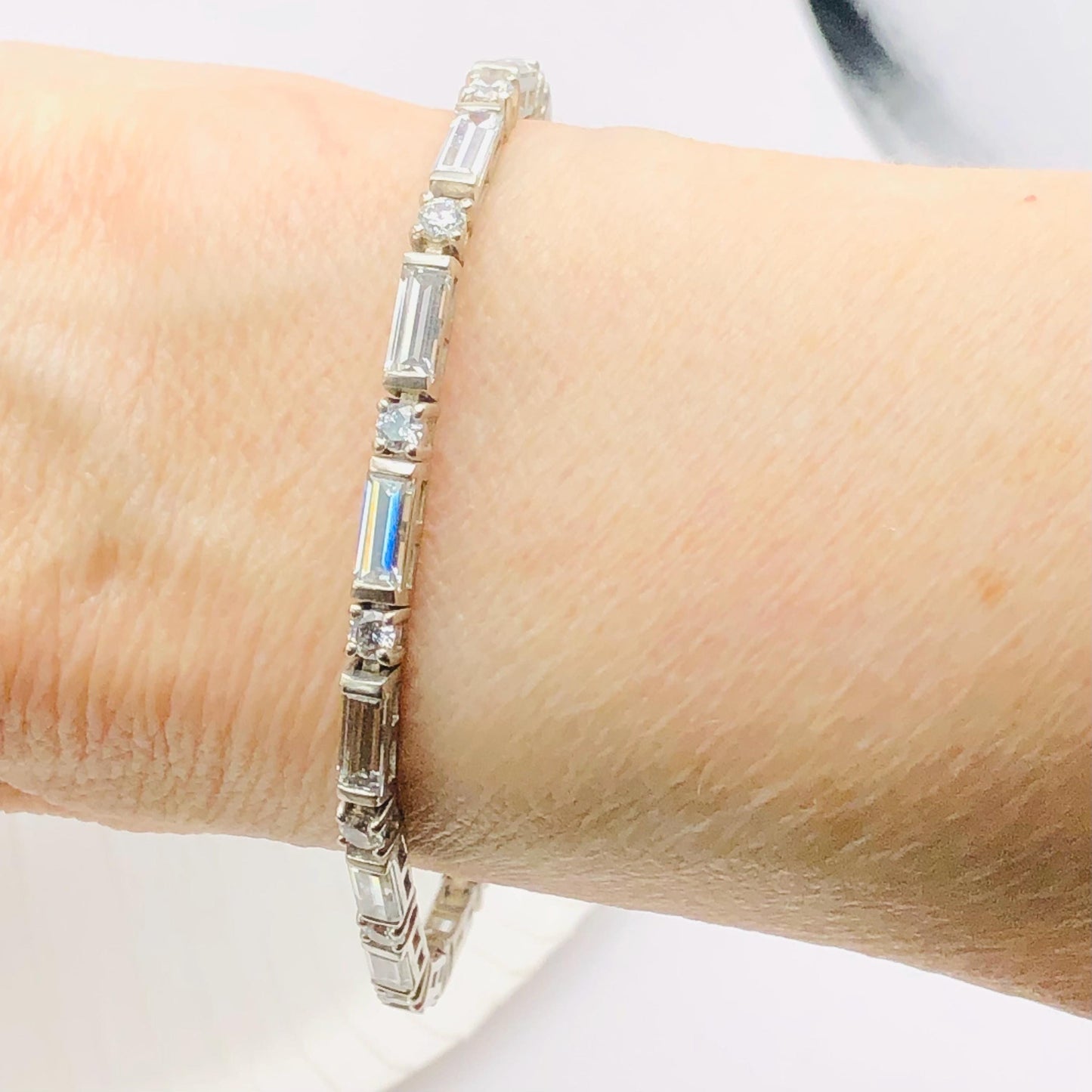 Sterling Silver Cubic Zirconia Tennis Bracelet with Round and Baguette Cuts 7" - Fine Vintage Jewelry