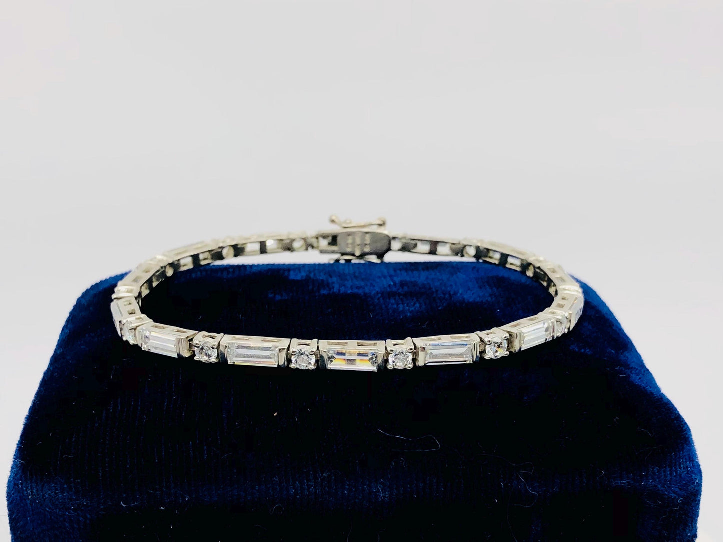 Sterling Silver Cubic Zirconia Tennis Bracelet with Round and Baguette Cuts 7" - Fine Vintage Jewelry