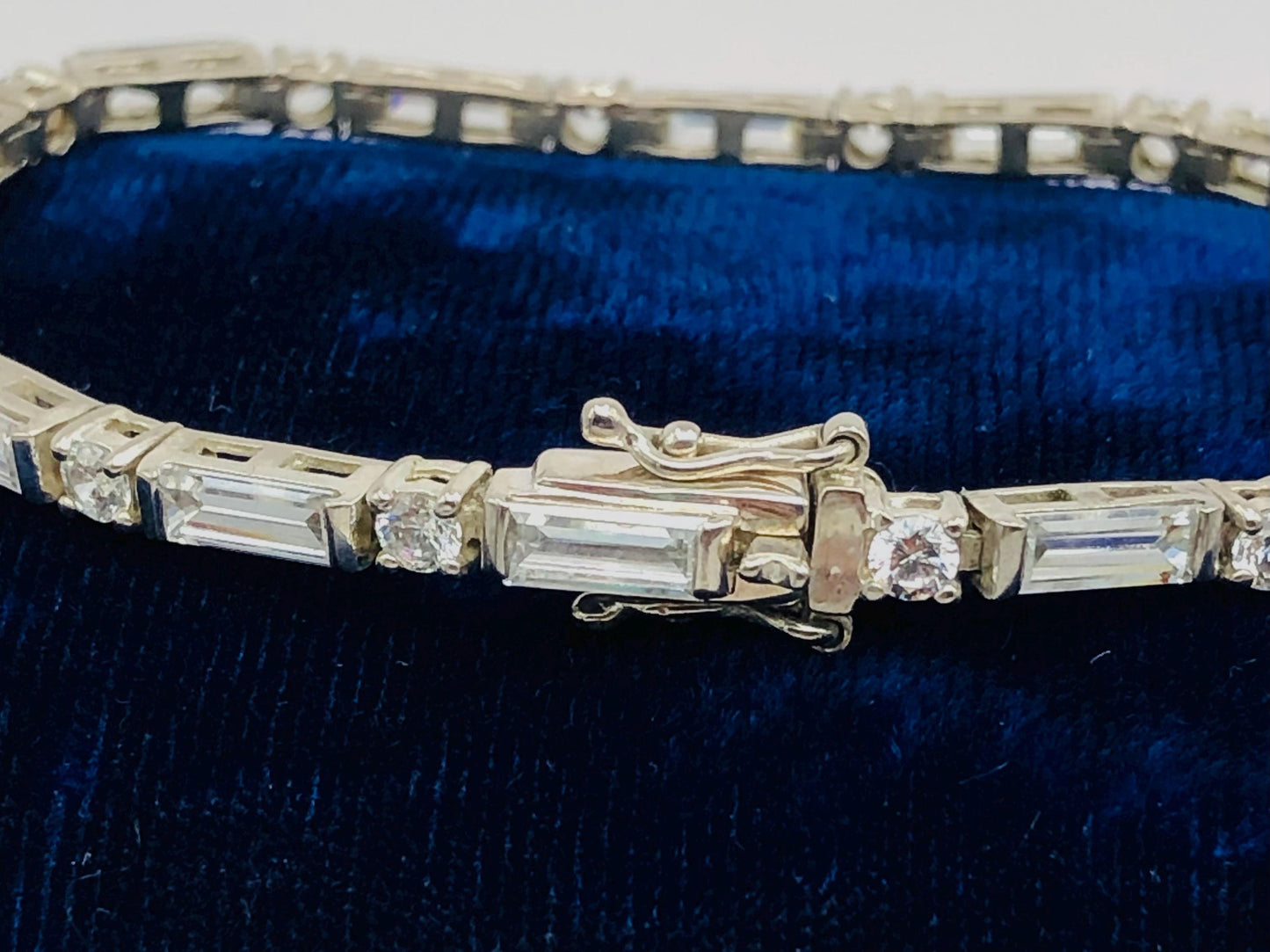 Sterling Silver Cubic Zirconia Tennis Bracelet with Round and Baguette Cuts 7" - Fine Vintage Jewelry