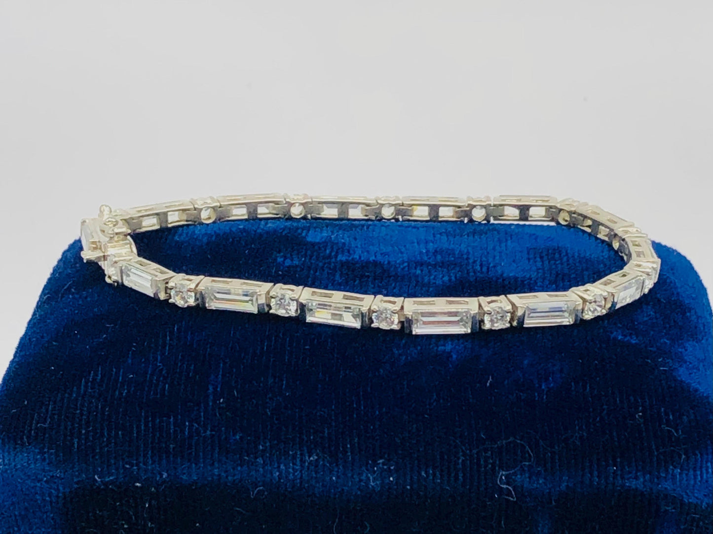 Sterling Silver Cubic Zirconia Tennis Bracelet with Round and Baguette Cuts 7" - Fine Vintage Jewelry