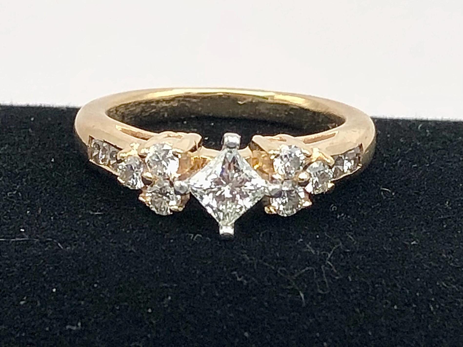 Vintage 14k Two Tone Gold Princess Cut Natural Diamond Engagement Ring, Square Diamond Ring, 1 CTS Total Diamond Weight Size 6.25
