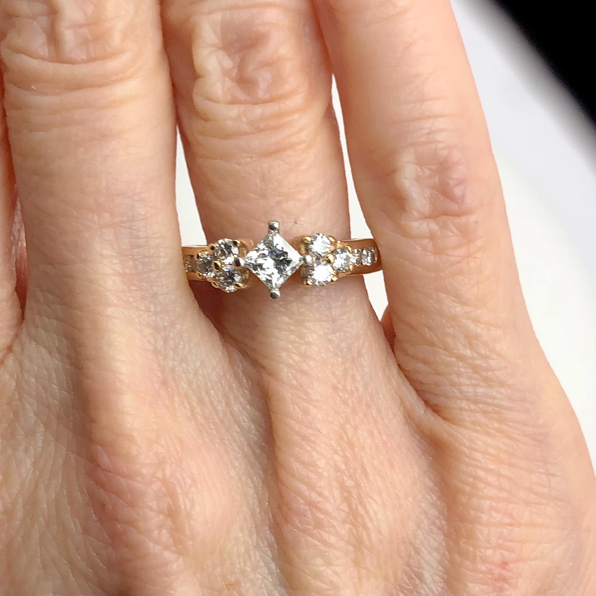 Vintage 14k Two Tone Gold Princess Cut Natural Diamond Engagement Ring, Square Diamond Ring, 1 CTS Total Diamond Weight Size 6.25